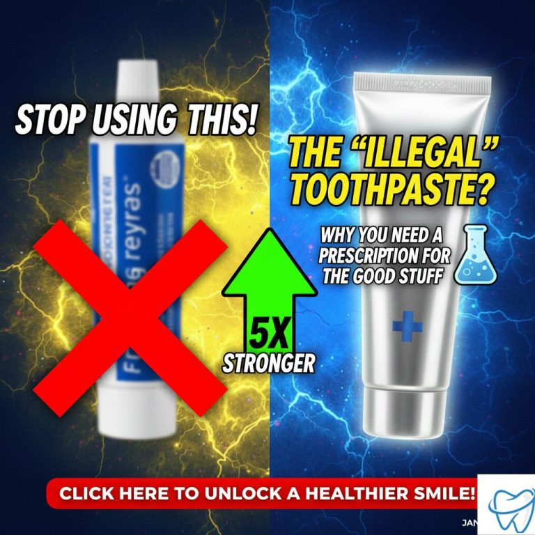 A high-energy, split-screen comparison image designed On the left, a standard blue and white toothpaste tube is blurred out with a large red "X" over it and the bold white text "STOP USING THIS!" above it. On the right, a sleek, silver professional-looking toothpaste tube with a blue medical cross is highlighted with glowing blue electricity. The main headline in bright yellow, slanted text reads "THE 'ILLEGAL' TOOTHPASTE?" followed by the subtitle "WHY YOU NEED A PRESCRIPTION FOR THE GOOD STUFF." A green "up" arrow in the center says "5X STRONGER." At the bottom, a red button-style banner reads "CLICK HERE TO UNLOCK A HEALTHIER SMILE!" The background features a dramatic yellow and blue lightning effect.