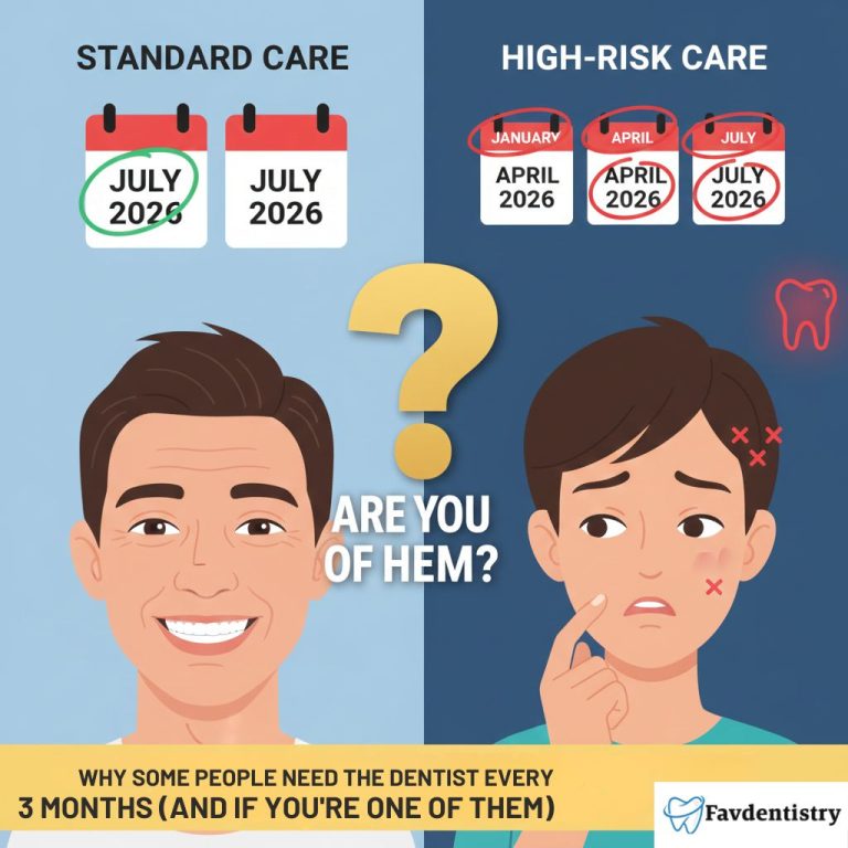 A split-screen blog featured image titled "Why Some People Need the Dentist Every 3 Months (and If You’re One of Them)." On the left side, labeled "STANDARD CARE," a smiling man is pictured below two calendar icons showing a 6-month interval. On the right side, labeled "HIGH-RISK CARE," a concerned-looking man with a toothache is pictured below multiple calendar icons circled in red, showing 3-month intervals (January, April, July). A large yellow question mark sits between them with the text "ARE YOU ONE OF THEM?" The background is a clean light blue and dark blue contrast, with a small red tooth icon on the high-risk side.